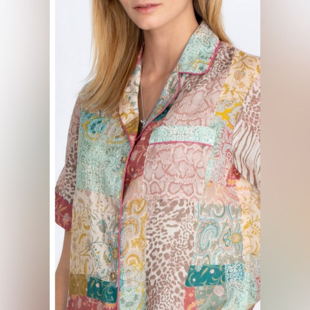 Patchwork Print Short-Sleeve Button Front Top - Multi - Picture 3 of 16